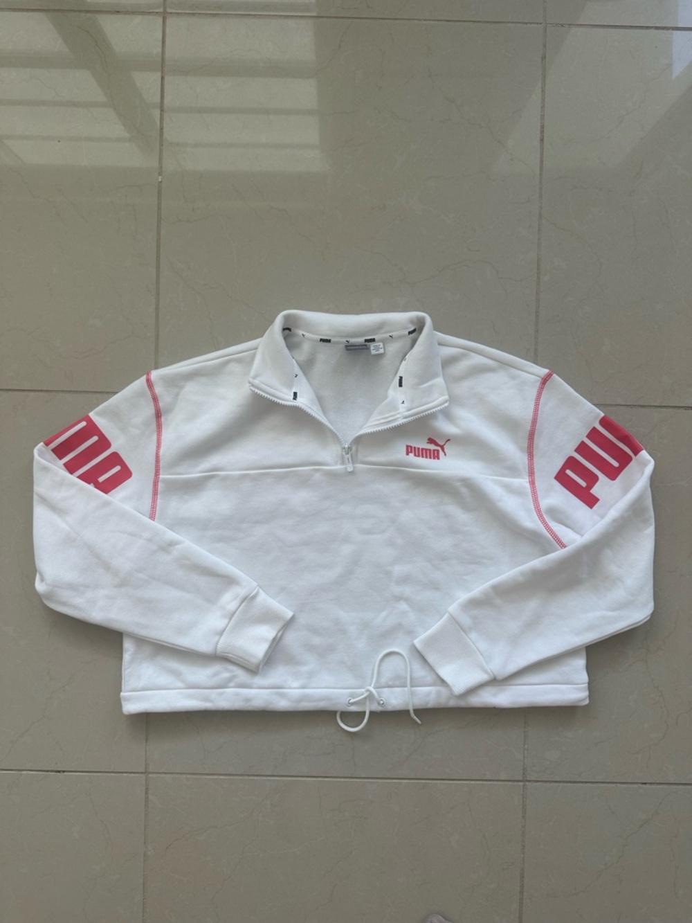 Puma White and Pink Quarter Zip Cropped Pullover/Sweater NWOT L